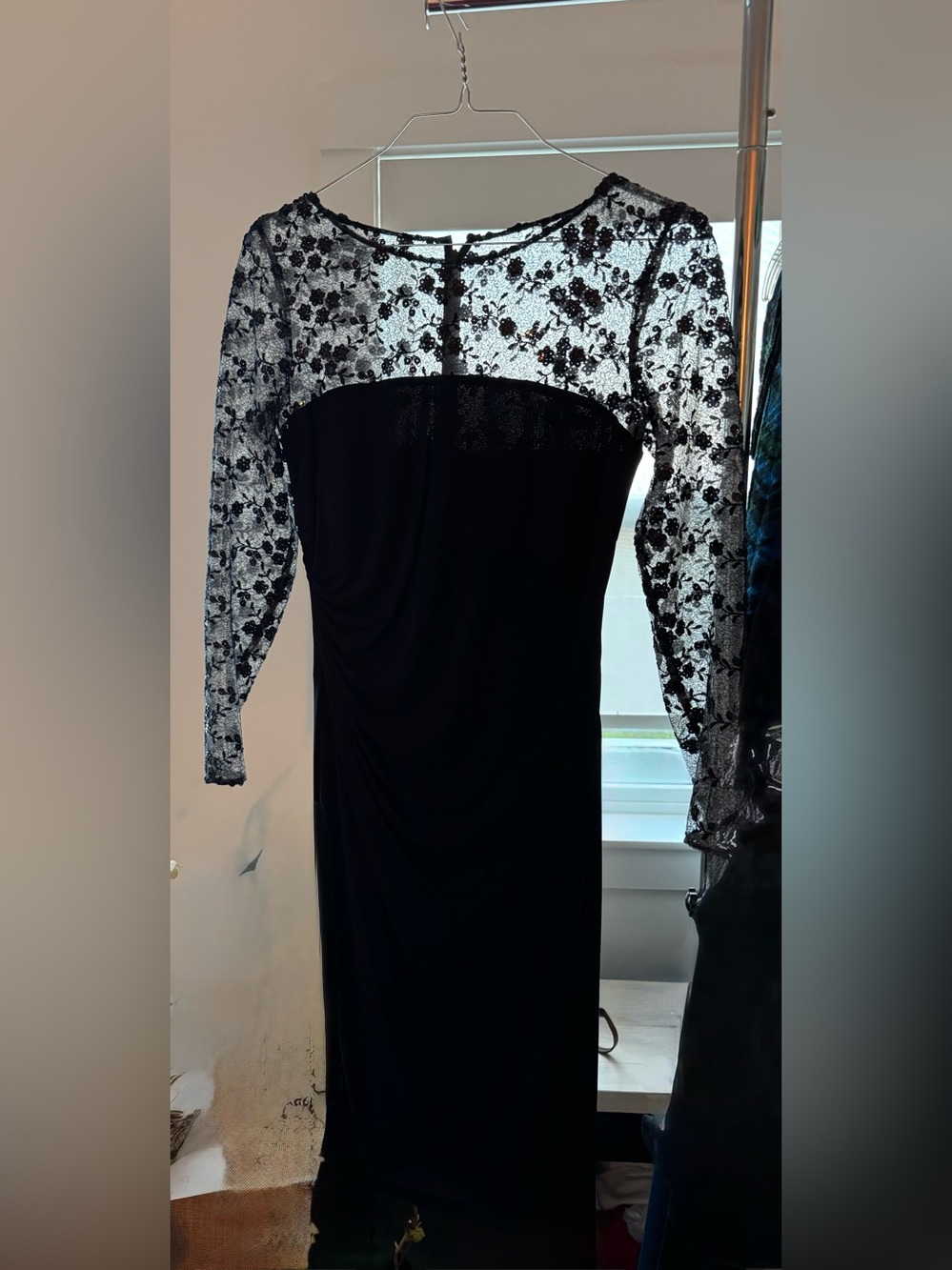David Meister navy long sheer Sleeve Evening Dress